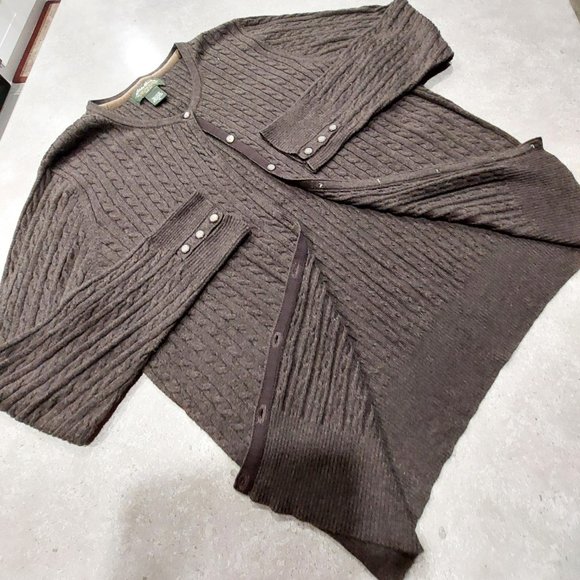 VINTAGE EDDIE BAUER Women's Chocolate Brown Cable Knit Button Down Sweater XL - Picture 6 of 10